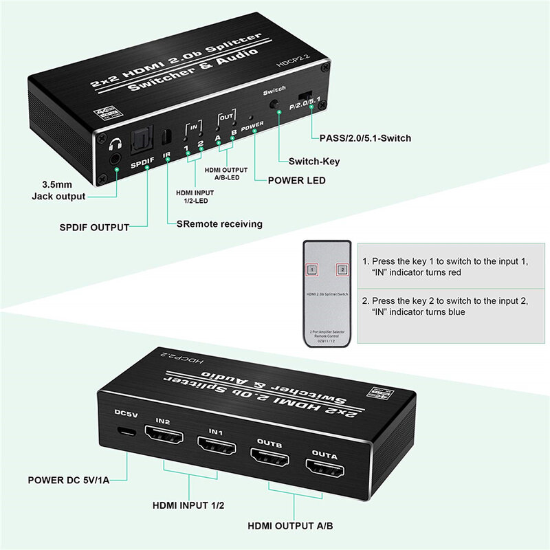 Interruptor 2020 4K HDMI 2,0 2 en 2 4K @ 60hz, divisor de conmutador HDMI 2x2 con Extractor de Audio óptico Toslink SPDIF y Jack de 3,5mm
