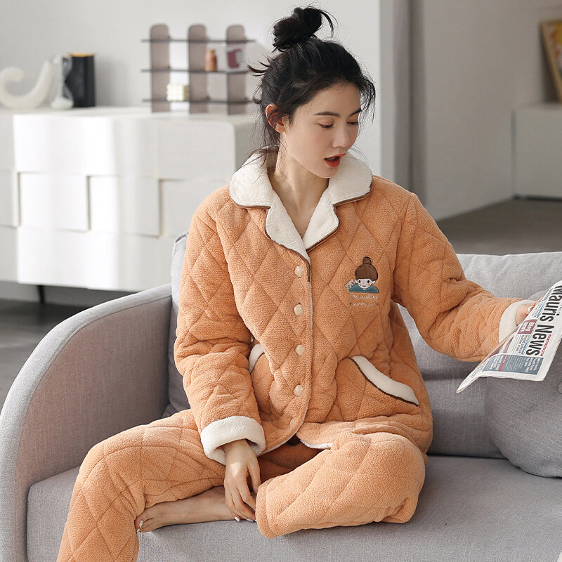 Thickening cotton velvet pajamas Three-Layers Quilted women flannel winter warm homewear sweet and lovely loose suit