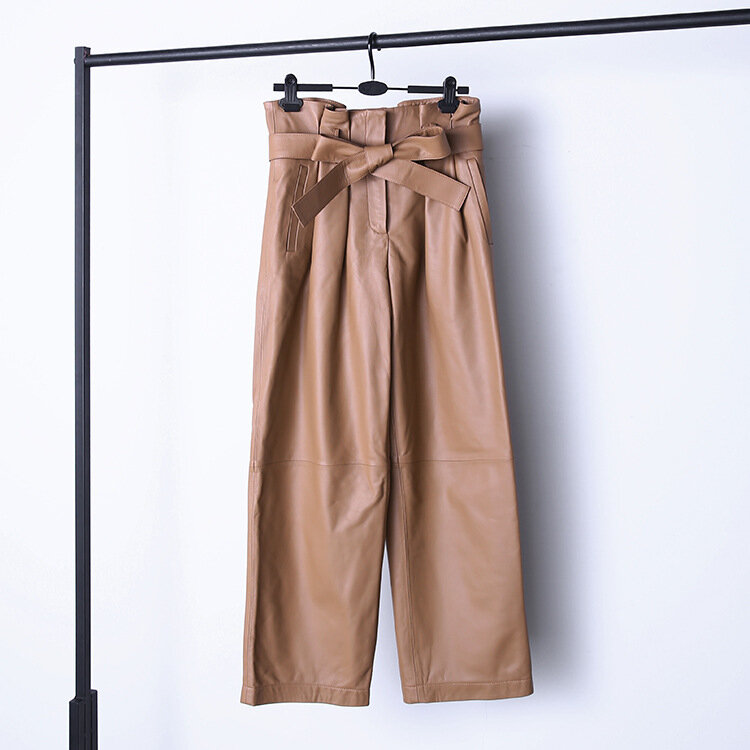 Pantalones de cuero genuino para mujer, cintura alta con cinturón, venta al por menor y al por mayor, nuevo estilo, 2022