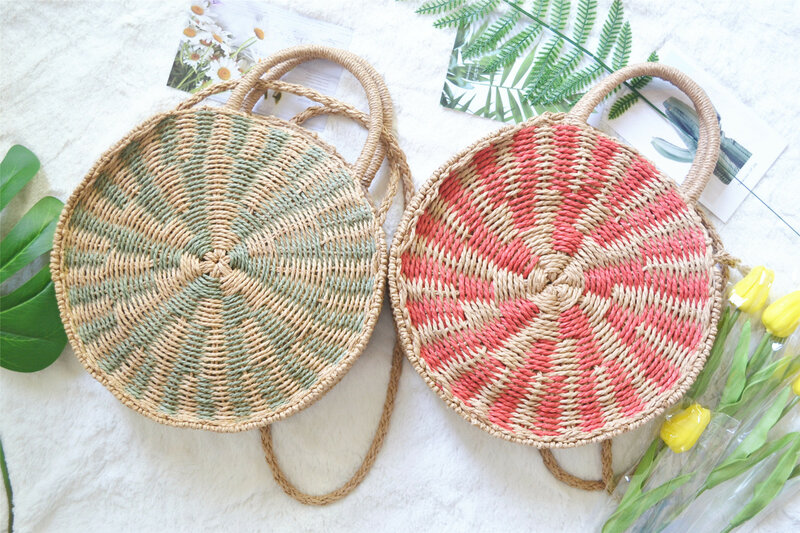女性のための丸い織りわらの夏のバッグ,混合色のビーチバッグ,a6229