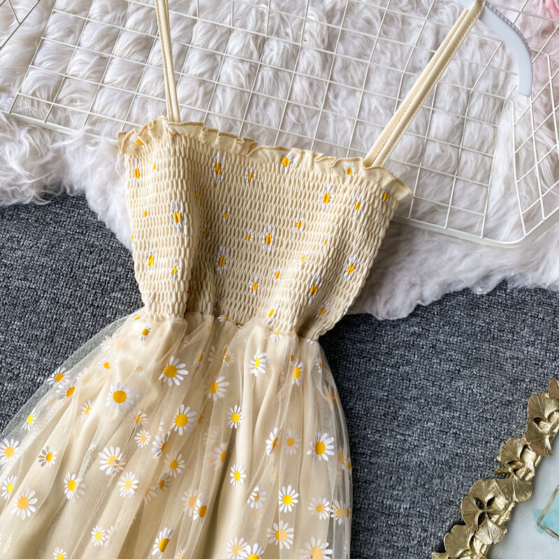 Damen kleid daisy print kleid sommer sexy spitze mesh kleid spaghetti strap zerknitterte floral strand stil lange kleid