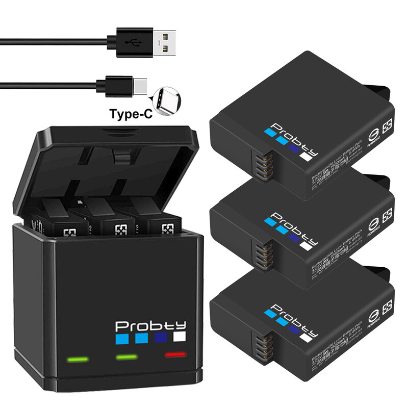 Probty-Paquete de baterías para cámara, cargador triple inteligente original con pantalla de carga LED para GoPro Hero 7/6/5
