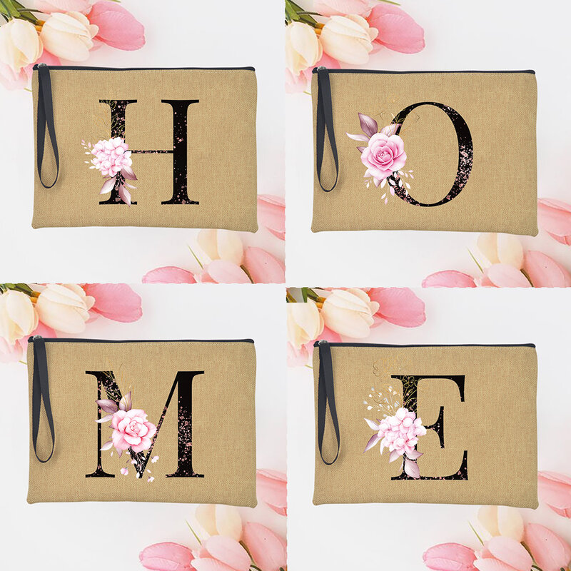 Pochette à fleurs roses de l'alphabet pour femmes, étui à cosmétiques en lin, pochette de maquillage, sac à main de voyage Orange, sac de poignet, cadeau, A-Z