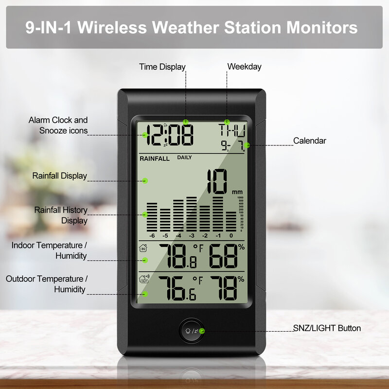 Geevon-estación meteorológica Digital para la lluvia, relojes despertadores LED con temperatura y humedad, reloj de mesa Digital