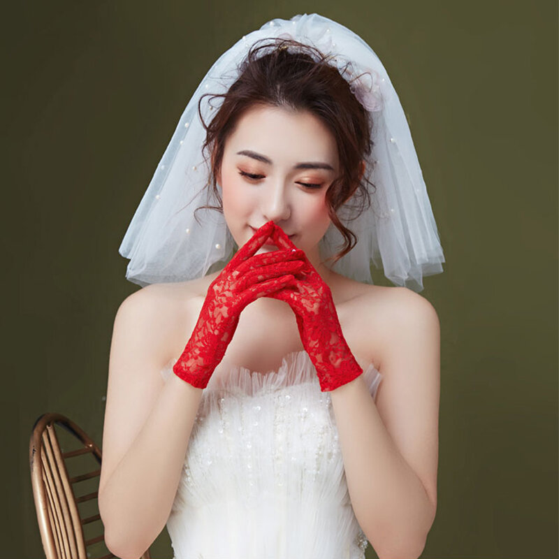 Sarung Tangan Putih Pendek Wanita Musim Gugur Musim Panas Sarung Tangan Renda Elastis Merah Muda Hitam Merah Ungu Sarung Tangan Renda Pesta Aksesori Pernikahan