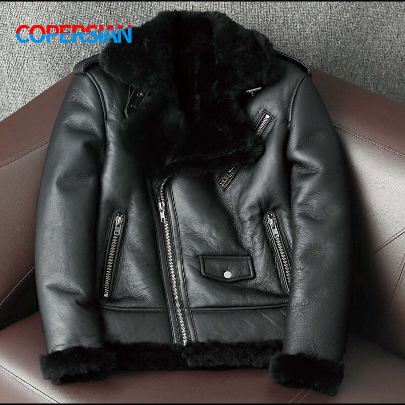 2023 New Men's Winter Oblique Zipper Fur Conjoined Men's Leather Jacket Fur Lapel Motorcycle Fur Coat