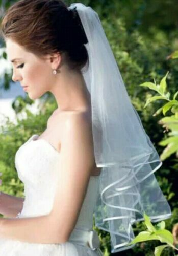 Handmade noiva véu com pente, véu branco do casamento, comprimento do cotovelo, 2 camadas