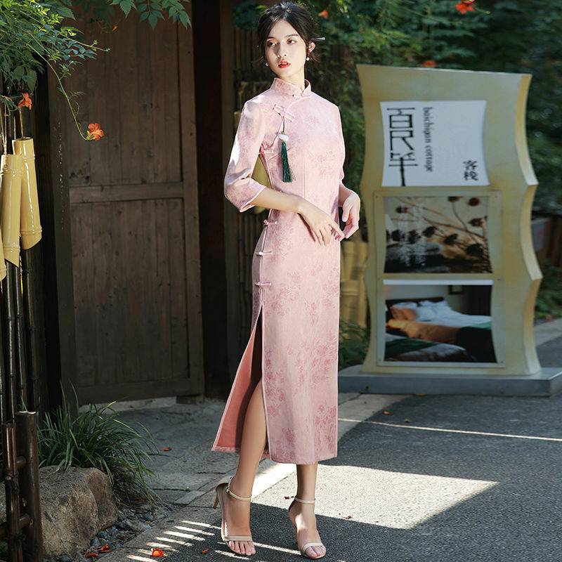 Pink Improved High-end Cheongsam Autumn Long Style 2021 New High-end Retro Elegant Young Style Long-sleeved Autumn Style
