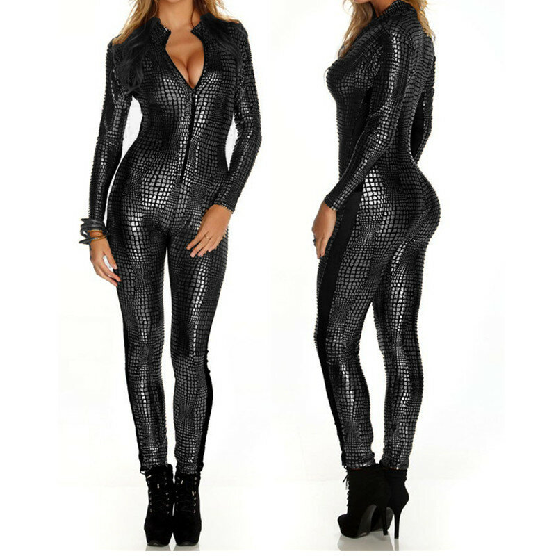 Women Sexy Metal Snake Skin Faux Leather Zipper Fornt Bandage Bodycon Jumpsuit Bodysuit Catsuit Overall Golden Black