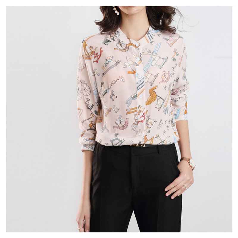 Шелковая рубашка с воротником-стойкой в винтажном стиле, однотонная женская рубашка из натурального шелка, новинка весны