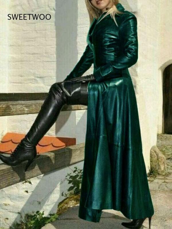 ผู้หญิง Vintage Faux หนังแจ็คเก็ตยาวขนาดใหญ่ปลอมหนัง Trench Coat ฤดูใบไม้ร่วง Retro เสื้อกันหนาวแฟชั่นสตรีชุด