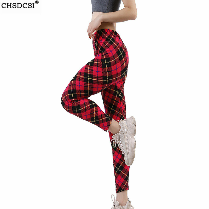 CHSDCSI Fashion leginsy Highstreet nadruk w szkocką kratę Streetwear legginsy letnie damskie seksowne spodnie typu Casual ćwiczenia Running Strethcy