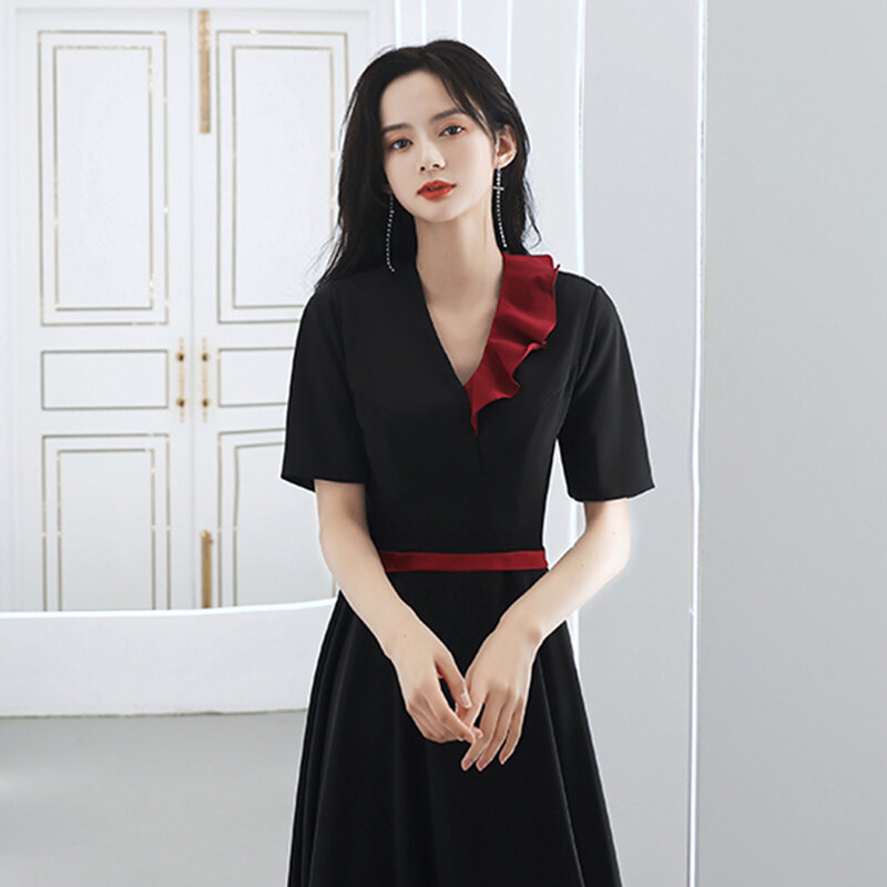 女性のためのエレガントな短い黒のドレス,新しいコレクション,タンガスタイル,Vネック,大きいサイズ