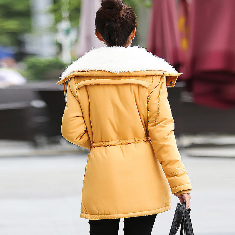 Женская зимняя куртка, утепленная длинная пуховая куртка с капюшоном, Женское пальто, приталенная одежда с воротником для волос и хлопковой подкладкой, пальто, женские пуховики