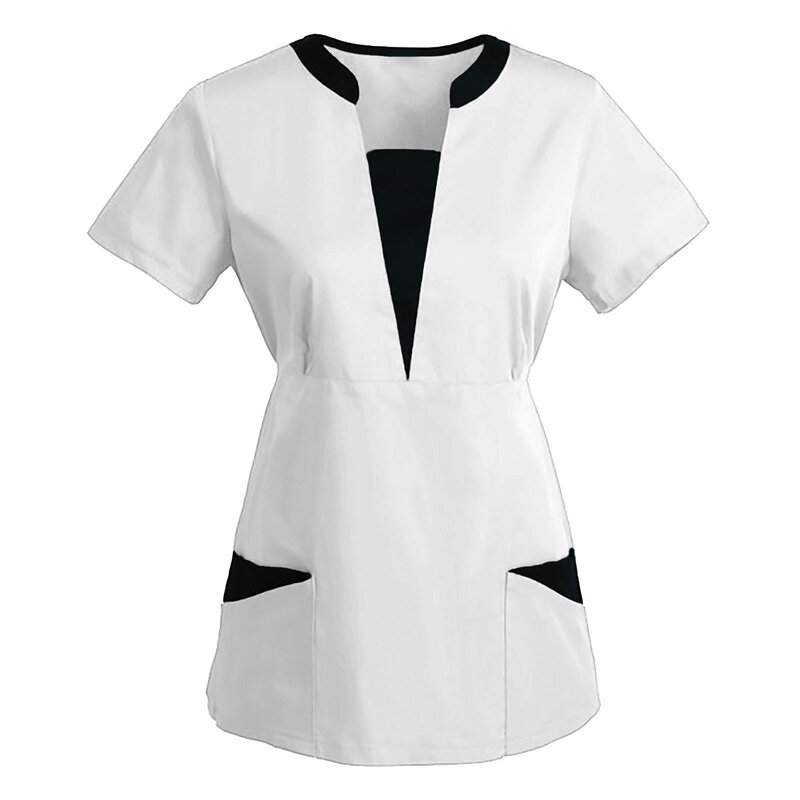 Mundur pielęgniarski bluzki damskie z krótkim rękawem dekolt w serek mundurek roboczy solidny Patchwork kolor kieszenie bluzka pielęgniarka mundurek roboczy akcesoria