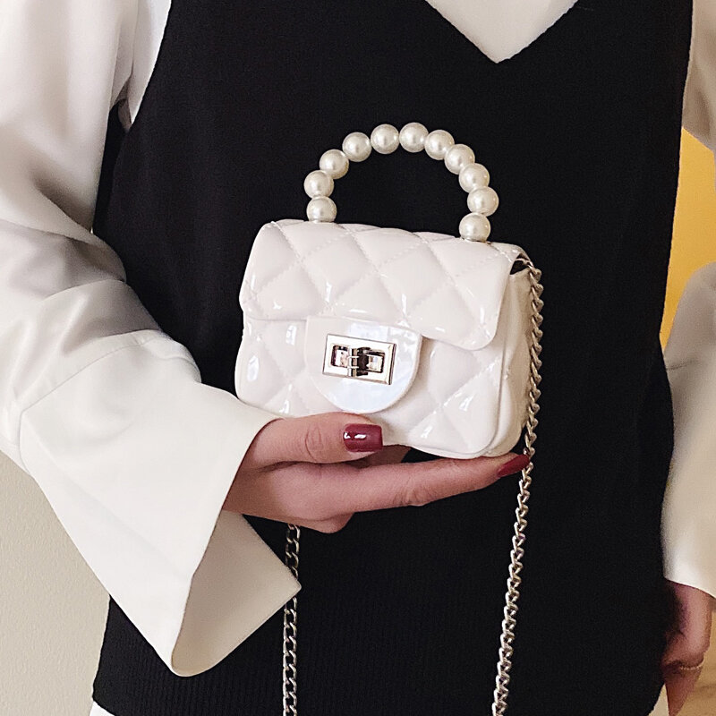 2020 moda Pearl Chain szminka torebka na ramię geometryczny Plaid Crossbody Mini PVC galaretki kobiece ręcznie torby na ramię z klapką