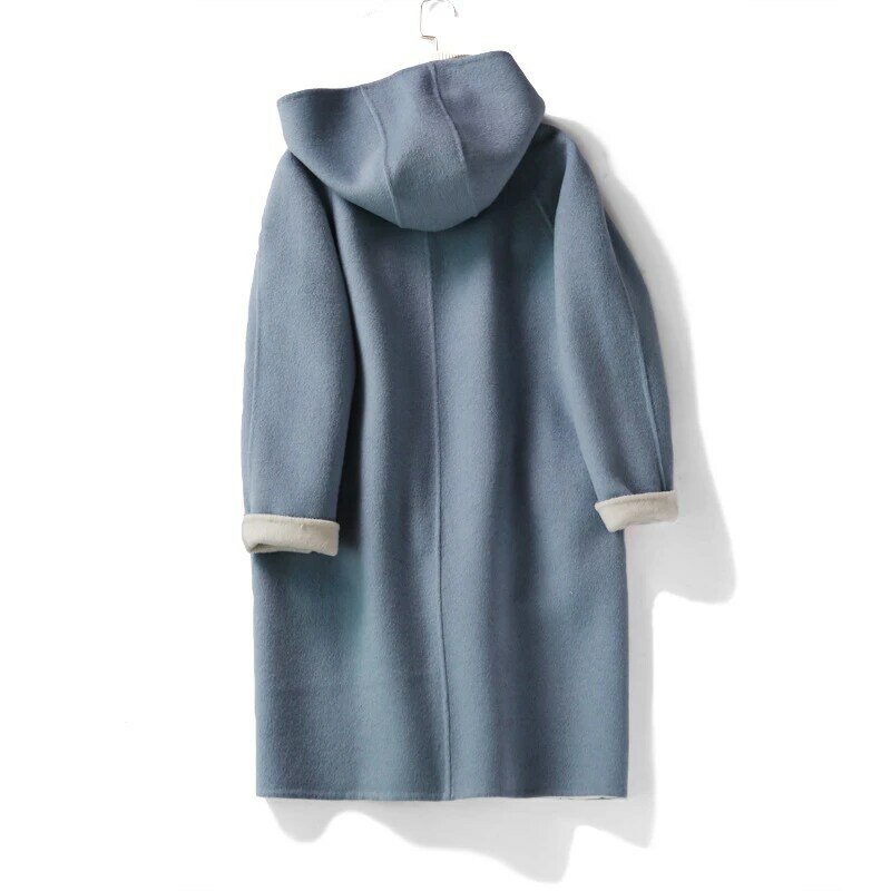 Mozuleva-abrigo de lana de longitud media con capucha para mujer, abrigo de lana de doble cara, con hebilla oscura, elegante, de dos tonos, para invierno, nuevo