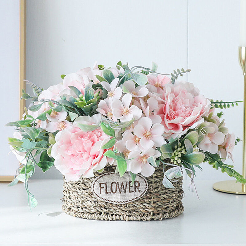 Rose Bouquet ดอกไม้ประดิษฐ์ดอกโบตั๋นดอกไม้ DIY ไฮเดรนเยียสีชมพูพลาสติกตกแต่งบ้าน Centerpieces ตาราง