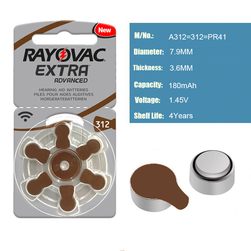 RAYOVAC-baterías de Zinc para audífonos, pilas de aire de 312 V, tamaño 1,45, diámetro 312mm, espesor 7,9mm, EXTRA-A312/3,6/PR41, 60 unidades/1 caja