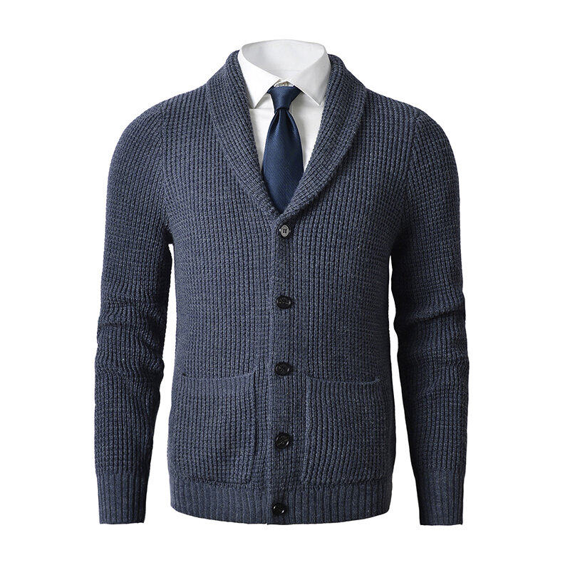 Pull cardigan à col châle pour homme, coupe couvertes, tricot torsadé, boutonné, laine mérinos, poches