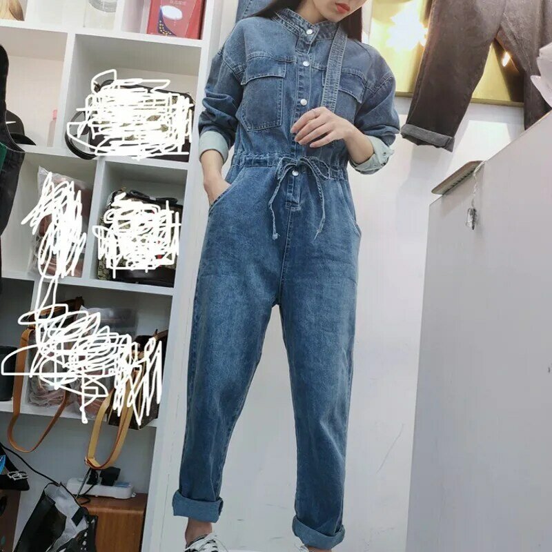 Euro Autumn Womens Cargo Denim Jumpsuits Long Sleeve Stand Collar High Waist Loose Fit Ankle Length Pants Female Casual Overalls