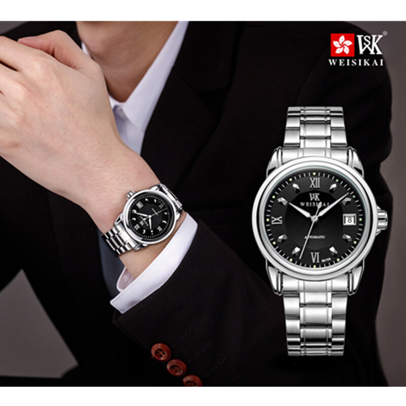 Jam tangan mekanis otomatis pria, kalender tangan bercahaya mode klasik bisnis baja tahan karat jam 8015A