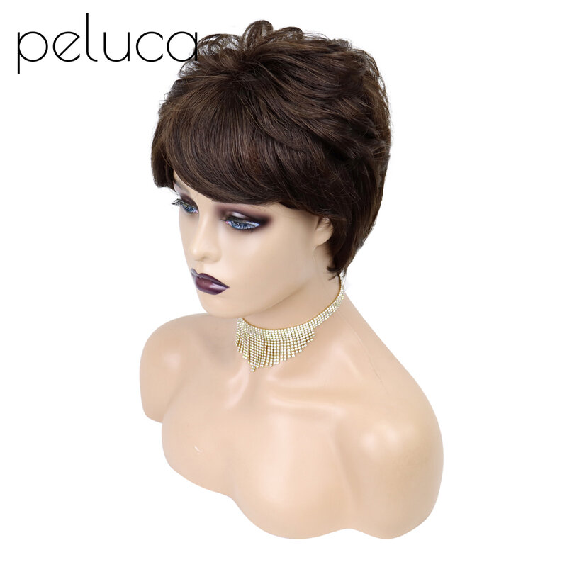 Perruque péruvienne naturelle, cheveux lisses, coupe Pixie, avec frange, pour Cosplay Halloween, faite à la main, pour femmes