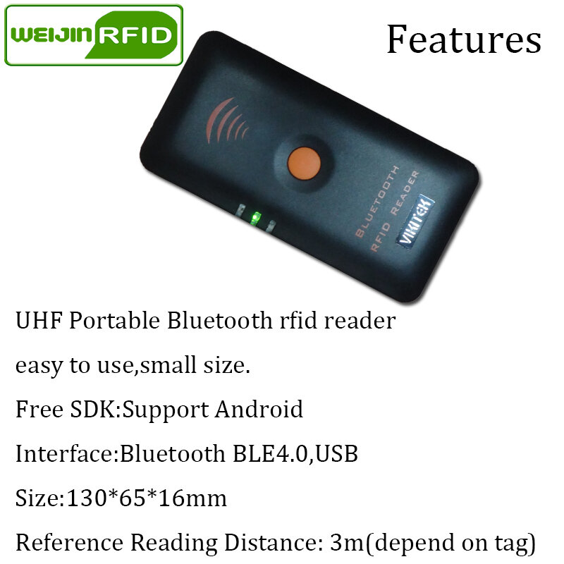 RFID Reader UHF Saku Portabel Reader Vikitek Bluetooth 4.0 BLE Terhubung Ke Ponsel Mudah Digunakan Kecil Penulis Mesin Fotokopi