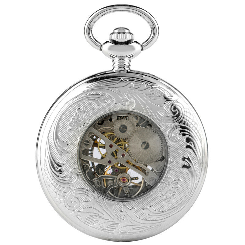 럭셔리 실버 기계식 포켓 시계, 유니섹스 핸드 와인딩 로마 숫자 디스플레이 펜던트 체인 스켈레톤 시계, 기념품 선물