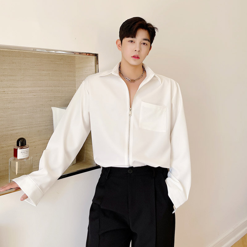 Men Korean Chic Fashion Casual Zipper Shirt Jacket Cardigan Man Streetwear Trend Vintage Shirts Coat Tops Male
