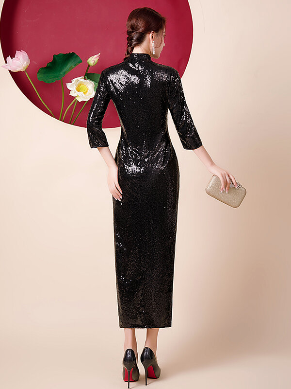 여성 패션 스팽글 자수 이브닝 드레스, 사이드 슬릿 포멀 행사, 블랙 레드 긴 소매 차 길이 중국 치파오 2020