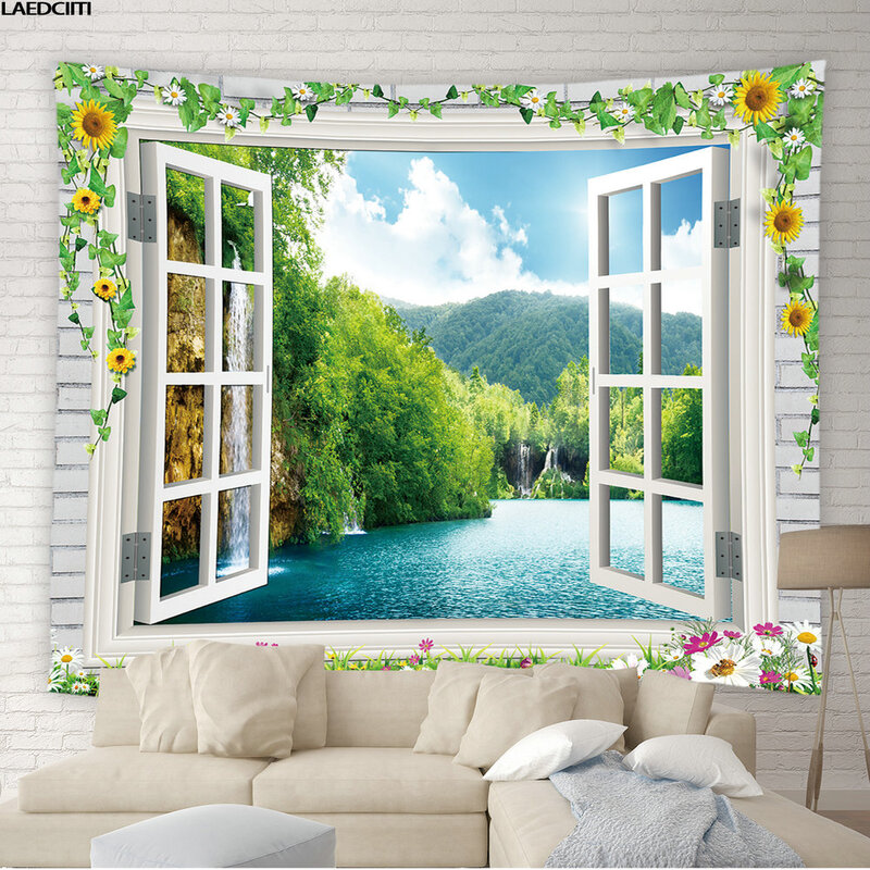 花の風景タペストリー,レトロな木製のドア,緑の植物の葉,壁の吊り下げ,寝室,家の装飾