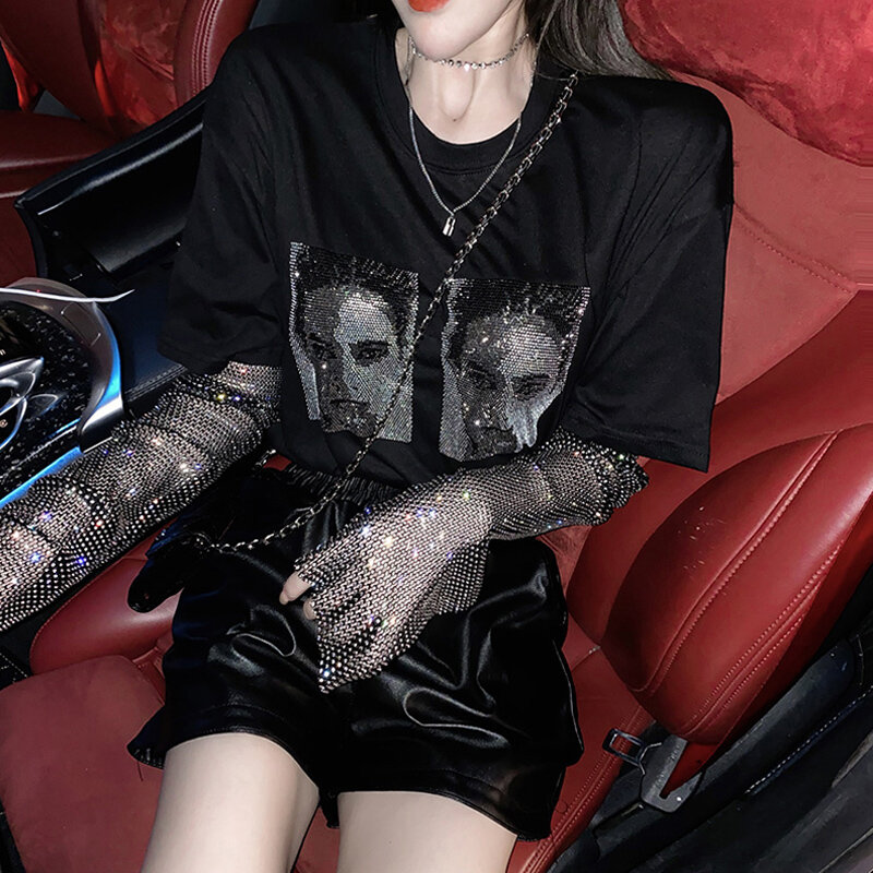 Cakucool damska siateczka z perełkami bluzka z długim rękawem fałszywe dwa kawałki codzienne z napisami diamentowy połysk letni t-shirt Tee topy duża Femme