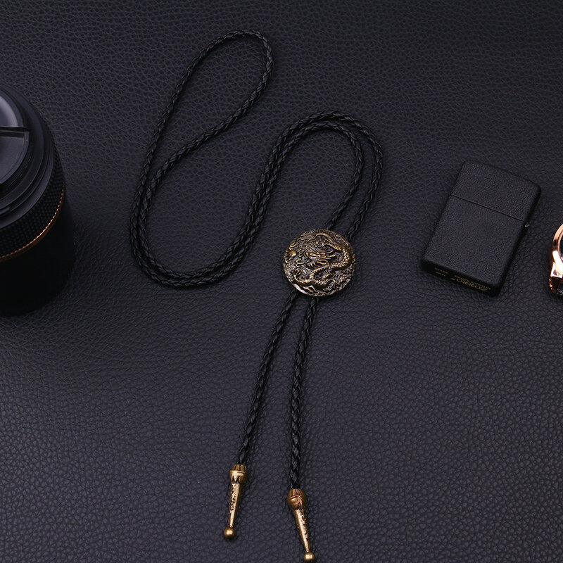 Collier en cuir pour hommes, bijoux en Bronze, pendentif de Style ethnique Dragon chinois, Long pull chaîne pendentif