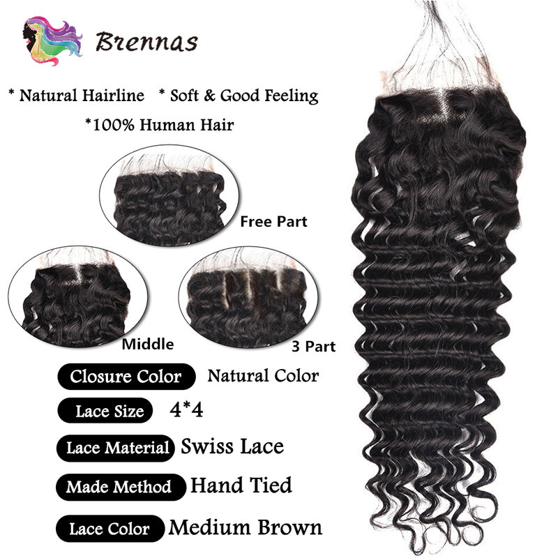 Mechones de cabello humano de onda profunda con cierre, cabello brasileño de Color Natural, mechones de onda profunda con cierre de encaje 4x4 para mujer