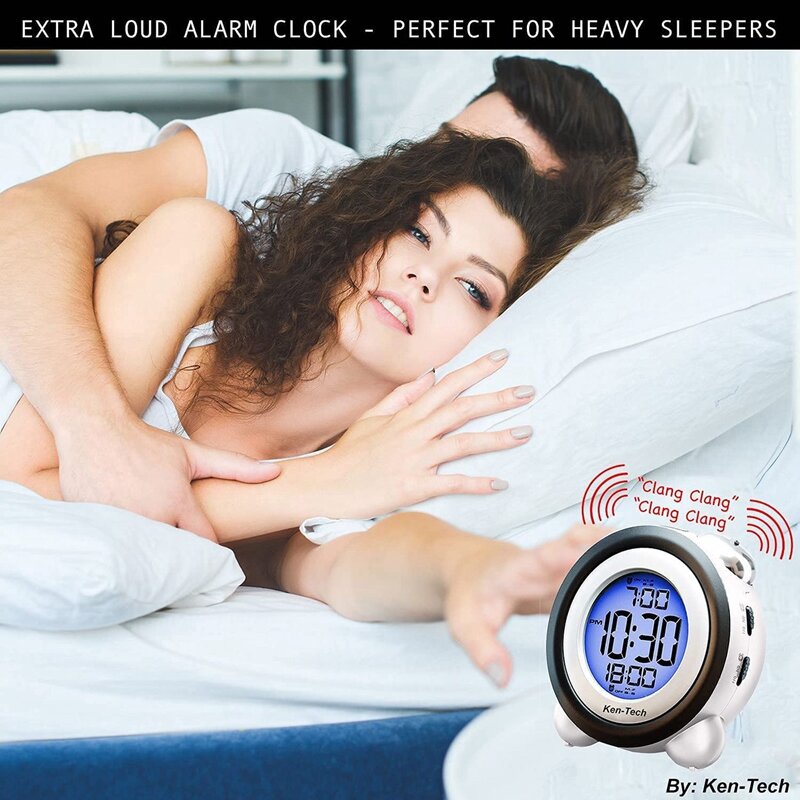 Despertador duplo digital com luz de fundo azul para adolescentes, data de hora, Twin Bell, muito alto para dormentes pesados