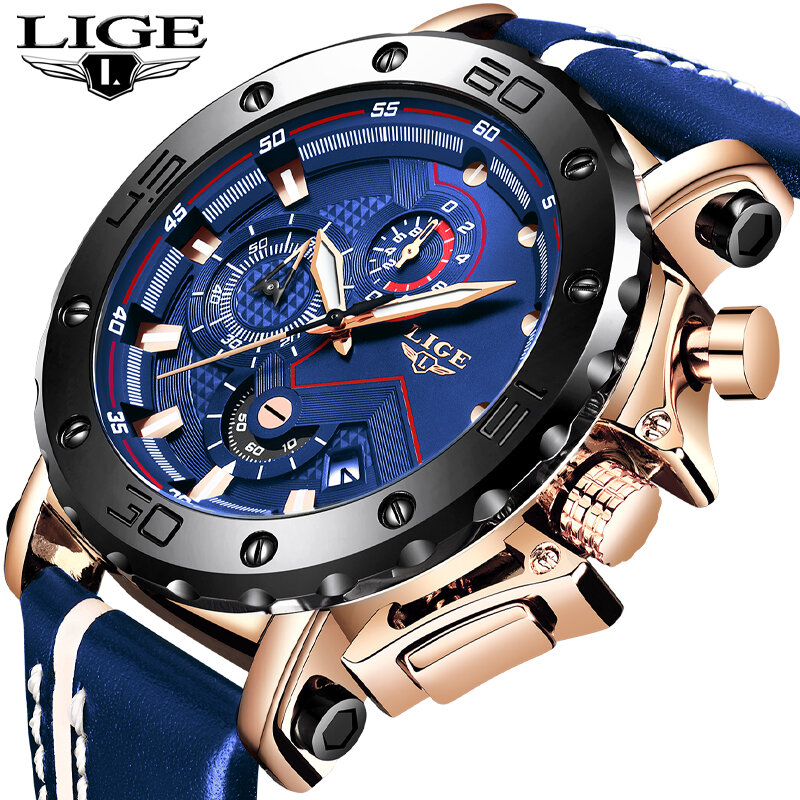 Lige relógio esportivo luxuoso masculino, relógio com data fashion de couro à prova d'água de quartzo + caixa