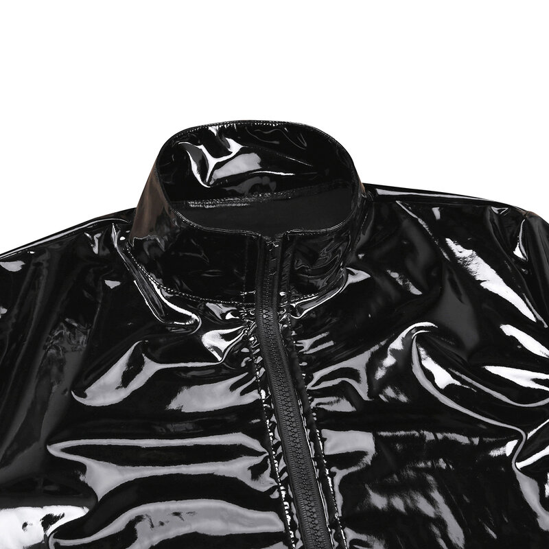 Men Shiny Metallic Long Sleeve Front-Zip Stand Collar Tops Wet Look Patent Leather Nightclub Style T-shirt Top Coat