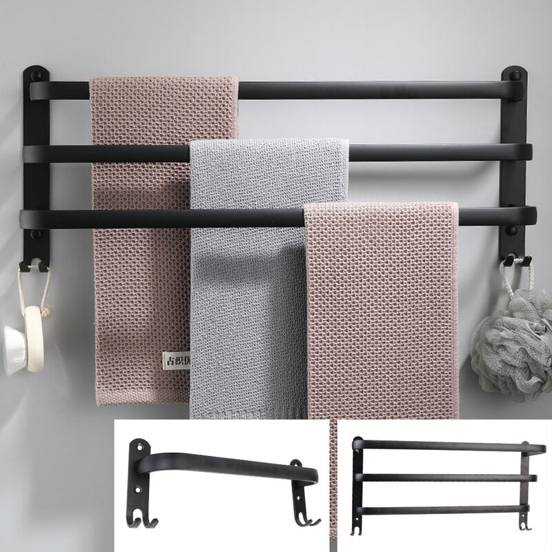 Porte-serviettes multicouches en aluminium noir mat, 30-50 CM, accessoires de salle de bains muraux