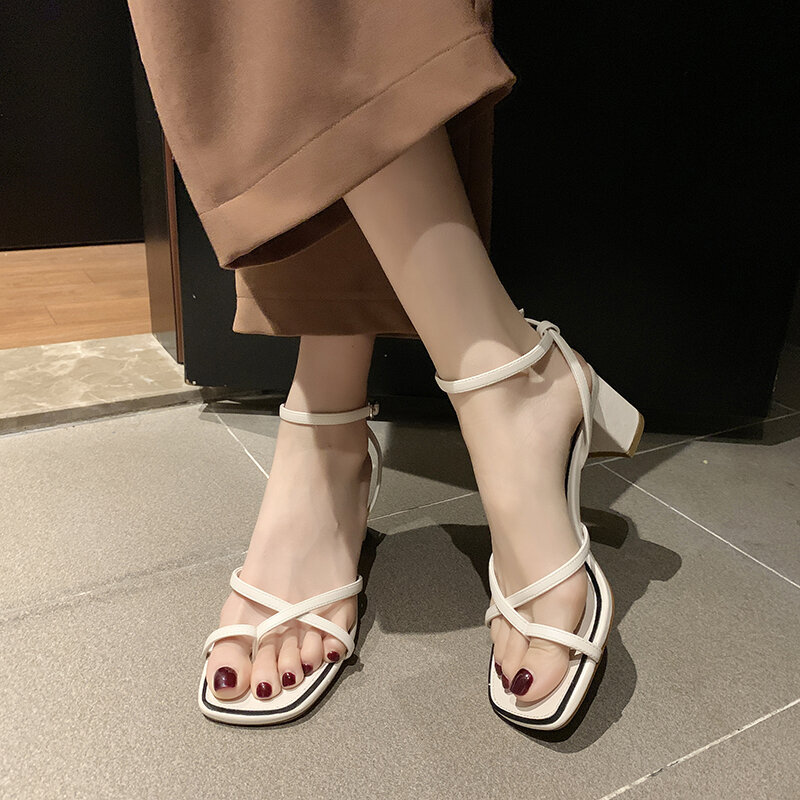 2020 Summer White Sandals Women Ankle Strapy Khaki Shoes Fashion High Heel  Sandals Sqaure Toe Elegant Brown Sandels for Women