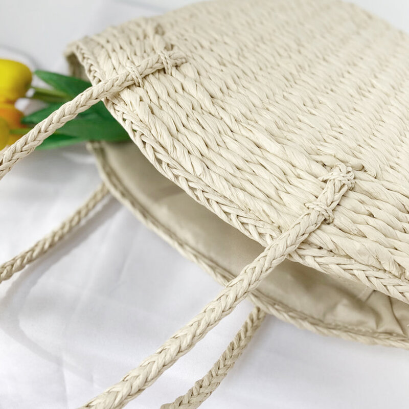 Bolsa de tecido de palha feminina, bolsa de ombro simples, casual, monocromática, grande capacidade bolsas de praia para senhoras, férias, moda verão