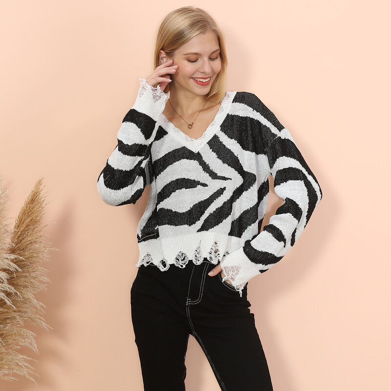Осенний женский свитер с длинным рукавом и V-образным вырезом, вязаный свитер, повседневный Полосатый пуловер, джемперы для женщин, новинка 2021