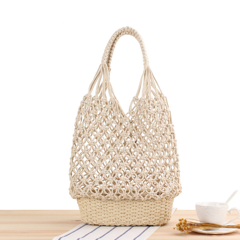 Handmade Woven Mesh Straw Bag, Lazer Summer Beach Bag, Bolsa estilo floresta