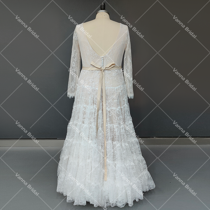 Многоярусное кружевное свадебное платье в стиле бохо с длинными рукавами, открытой спиной, глубоким V-образным вырезом и лентой, Тюлевое садовое пляжное ТРАПЕЦИЕВИДНОЕ платье для невесты 2021, 10152