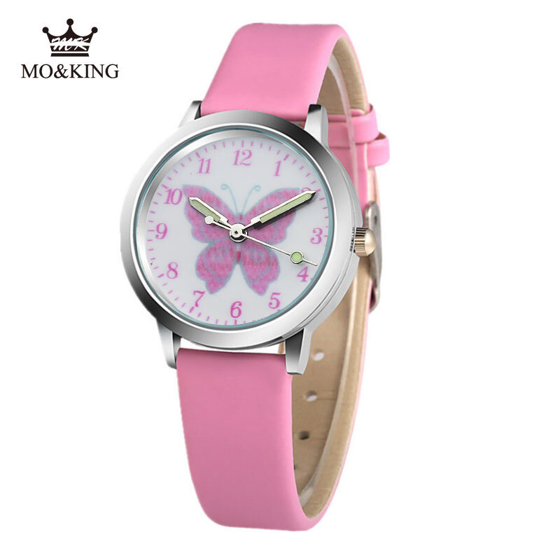 มาใหม่ล่าสุดนาฬิกาเด็กหญิงผีเสื้อสีชมพูการ์ตูน Quartz นาฬิกาวันเกิดของขวัญนาฬิกานาฬิกาเด็ก