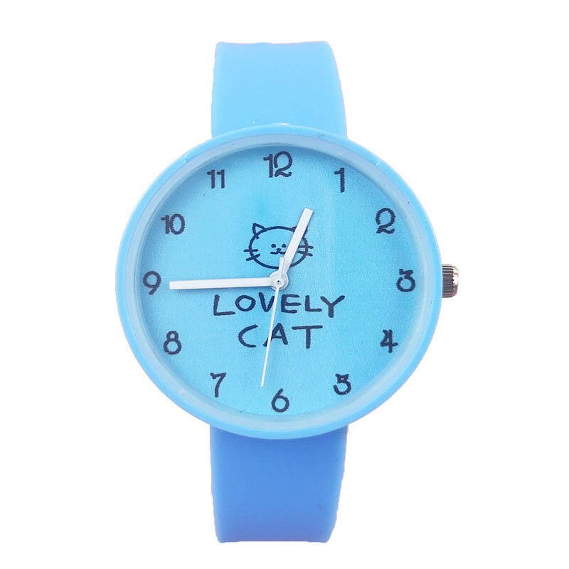 Relógio infantil quartz, acessório esportivo com pulseira de silicone em 5 cores, estampa de gato