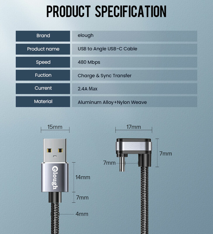 Elough USB C 타입 케이블, 90 도 엘보우 게임 충전 와이어, 샤오미 삼성 휴대폰용 데이터 와이어, USB C 케이블, 2.4A 고속 충전