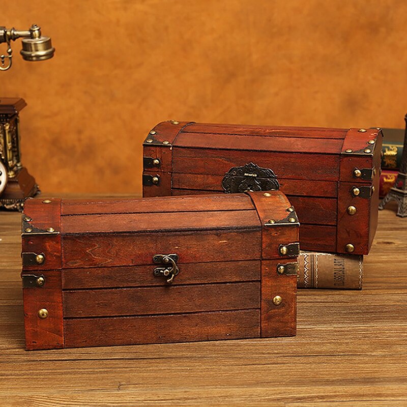 Retro Treasure Chest with Lock Vintage Wooden Storage Box Antique Style Jewelry Organizer for Wardrobe Jewelry Box Trinket Box
