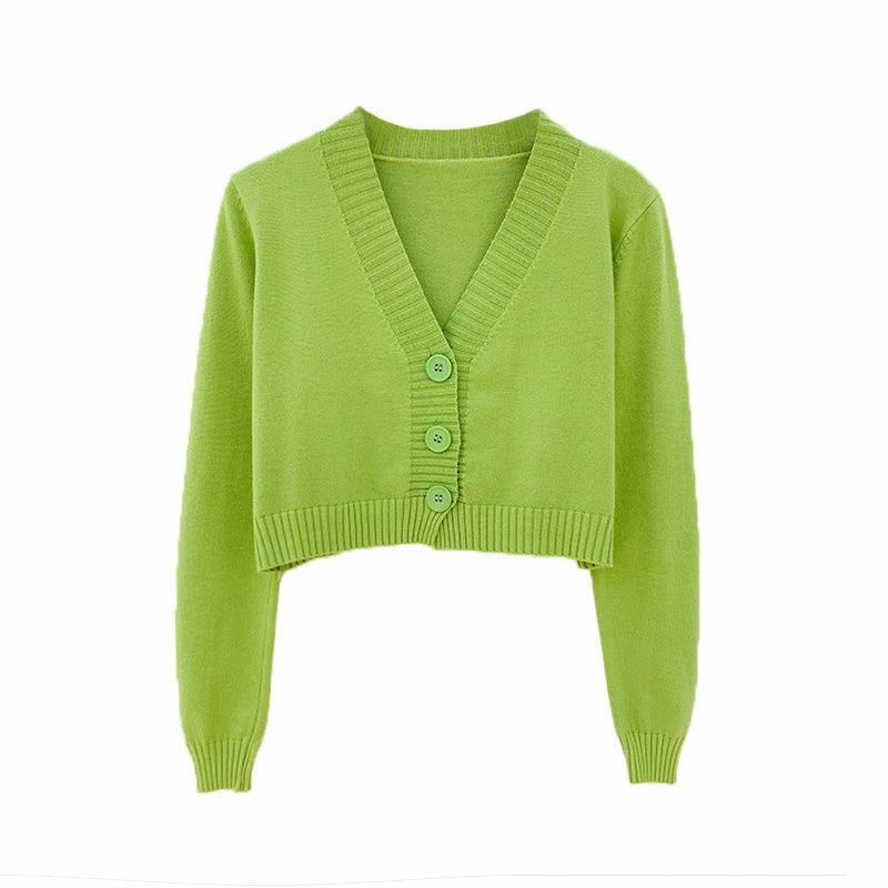 Pullover court coréen pour femmes, cardigan court, manches longues, col en V, vert, bleu