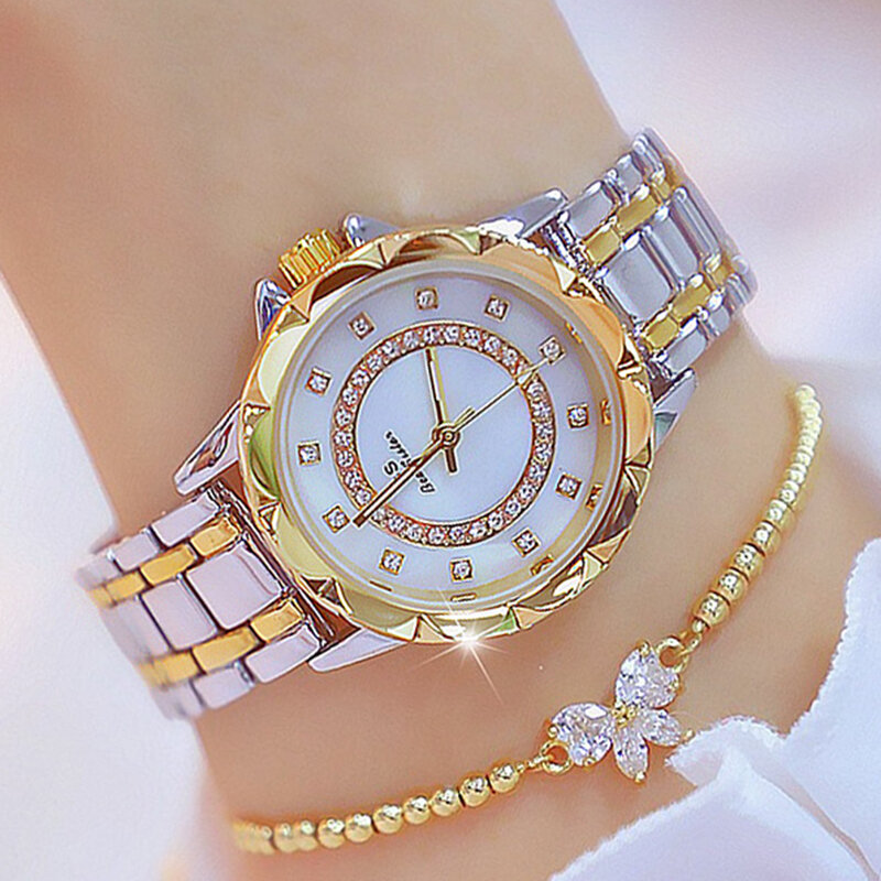 Jam tangan wanita berlian merek mewah 2024 jam tangan wanita elegan berlian imitasi jam tangan emas mawar untuk wanita jam tangan wanita